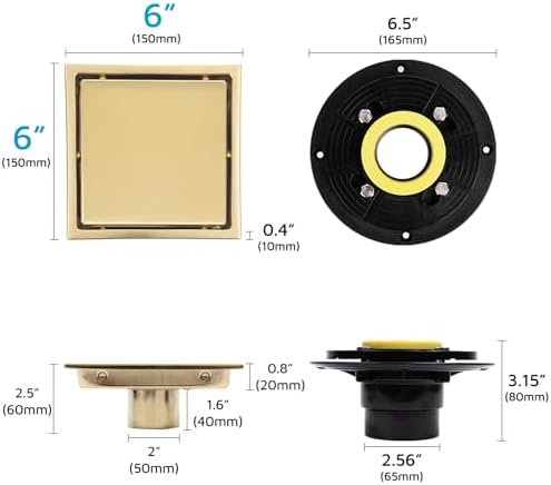 Square Shower Drain with Flange, 6 Inch, Brushed Gold, 2-in-1 Grate - Image 3