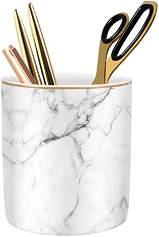 Pen Holder for Desk Cute, Modern Marble Desk Organizer, Durable Ceramic Pencil Cup, Makeup Brush Holder Cup, Multifunctional Office Stationery Holder for Women, Men, White Marble by WAVEYU
