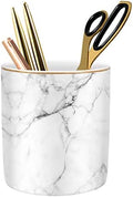 Pen Holder for Desk Cute, Modern Marble Desk Organizer, Durable Ceramic Pencil Cup, Makeup Brush Holder Cup, Multifunctional Office Stationery Holder for Women, Men, White Marble by WAVEYU