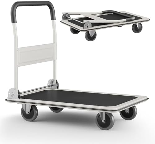 Foldable Push Cart Dolly | 660 lbs. Capacity | Heavy Duty Moving Platform Hand Truck with Swivel Wheels | Small Flatbed Cart | Space Saving Push Handle-White by ElevateYourEveryday