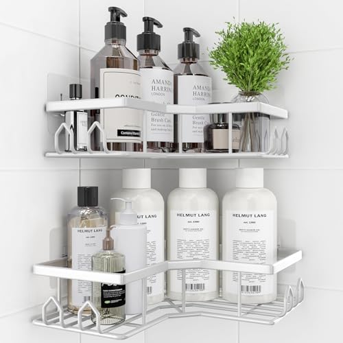 Adhesive Shower Caddy, 2 Pack Corner Bath Organizer, Rustproof Stainless Steel Shower Shelves with Large Capacity, No Drilling Shelves for Bathroom Storage, Home, Kitchen Décor(XL-White) by Unknown