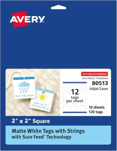 Avery Square Tags, Sure Feed Technology, 2" x 2", Matte White, Strings Included, 600 Total, Print-to-The-Edge, Laser/Inkjet Printable (80513) (Pack of 5) by Avery