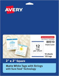 Avery Square Tags, Sure Feed Technology, 2" x 2", Matte White, Strings Included, 600 Total, Print-to-The-Edge, Laser/Inkjet Printable (80513) (Pack of 5) by Avery