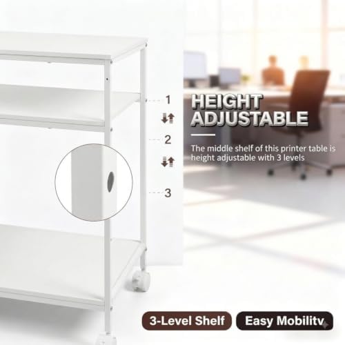 EMERIT 3-Tier Printer Stand for Laser/Inkjet/All-in-One - 23.6x18.9x31.5 Heavy Duty Cart w/Adjustable Shelves & Lockable Wheels, Storage for Scanner/Fax/Supplies - Industrial Home & Office - Image 4