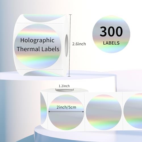 2" Circle Holographic Thermal Label Stickers, Round Printable Rainbow Glitter Thermal Printer Sticker Labels for Gift Wrapping, Self-Adhesive DIY Custom Logo Design- Silver (300Pcs/Roll) - Image 2