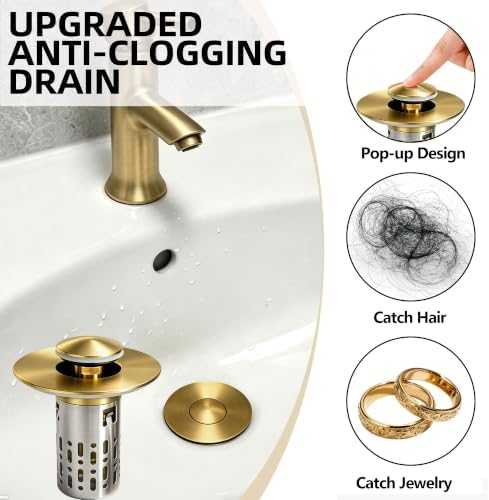3 in 1 Bathroom Sink Drain Strainer, Universal Pop Up Bathroom Sink Stopper with Removable Hair Catcher Anti-Clog Filter Basket Brass & Stainless Steel Brushed Gold 2 PCS - Image 3