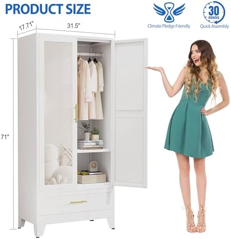 GAIOUS Steel Armoire WardrobeCloset with Mirror Door and Drawer 71" White - Image 2