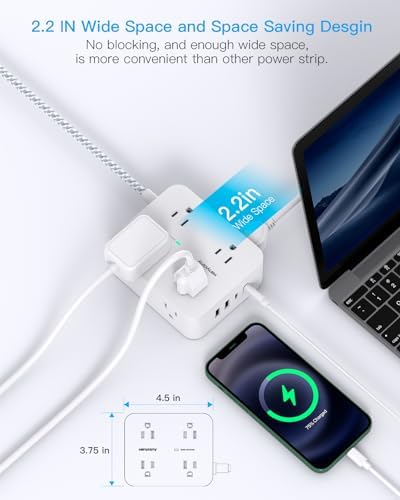HANYCONY Surge Protector Power Strip 15 Ft Long Cord, 1080J, Flat Plug - Image 3