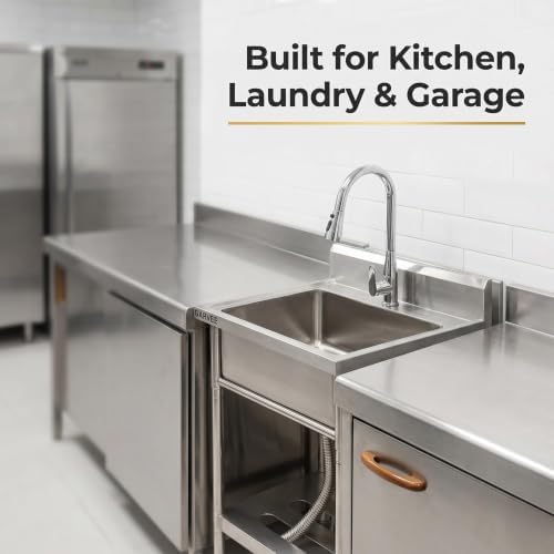 GarveeTech 24x21x36 in Stainless Steel Sink, Freestanding Utility Basin Workstation, Single Deep Bowl Wash Basin - Hot & Cold Brass Pull-Out Faucet - Backsplash, Storage Shelf, Drain Kit - Image 6