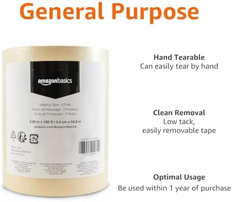 Amazon Basics Masking Tape for Light Duty Applications, Labeling, Easy Removal, Tears by Hand, 0.94" x 180', Beige, 6 Rolls - Image 2