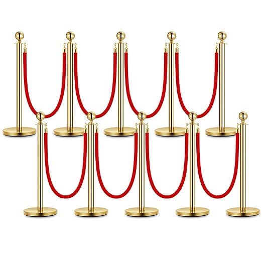 10PCS Gold Stanchion Post, 5 Ft Red Velvet Rope Stainless Steel Crowd Control by Unknown