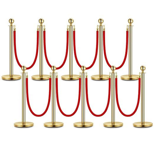 10PCS Gold Stanchion Post, 5 Ft Red Velvet Rope Stainless Steel Crowd Control by Unknown