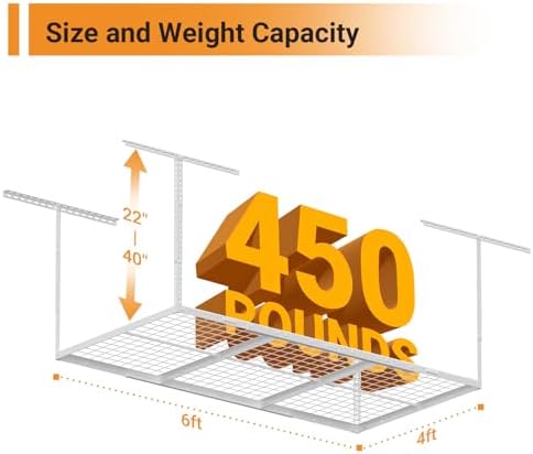 4x6ft Overhead Ceiling Garage Storage Rack, 450LBS Capacity, White - Image 2