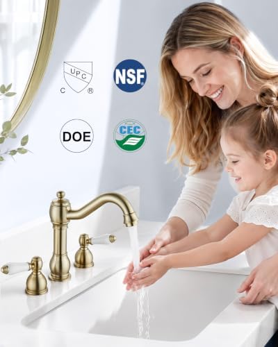 Aolemi Widespread Bathroom Sink Faucet 3 Hole White Lever Brushed Gold - Image 4