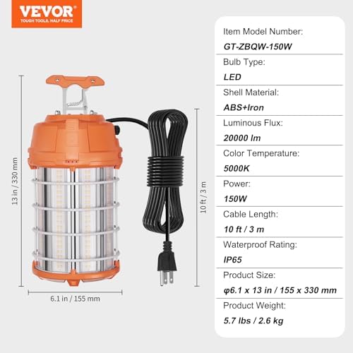 VEVOR LED Temporary Work Light, 150W, 20000lm Construction Lights, 5000K Portable Super Bright & Waterproof & Connected Up to 6 lights, Hanging Job Site Lighting for Indoor and Outdoor Lighting UL - Image 7