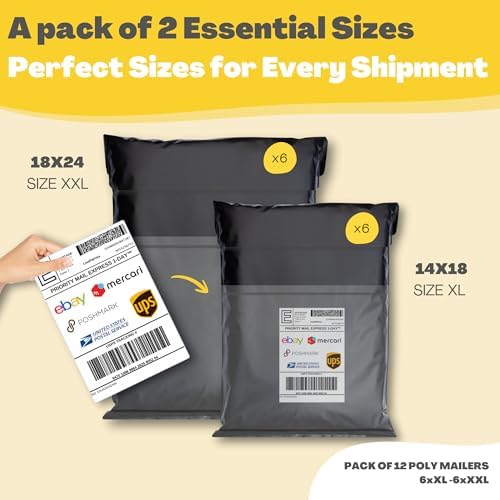 Shipping Bags (12 Pack) with Label Pouch - 14x18 & 18x24 - Poly Mailers for Clothes, Self-Seal Plastic Mailing Envelopes - Tear & Water-Resistant Packaging Bags for Clothing, Not Padded - Image 2