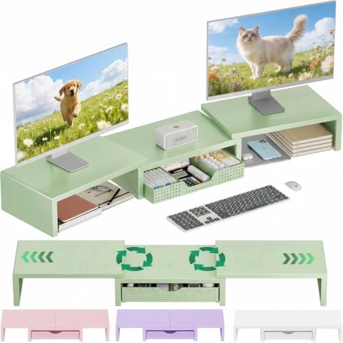 OPNICE Dual Computer Monitor Stand Riser, Desk Organizer with Drawer, Office Desk Accessories & Workspace Organizers for Home Office Supplies, Green by OPNICE