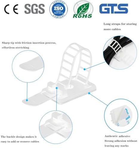 Adjustable Adhesive Cable Management Clips 100Pcs, Large self Adhesive Cable Ties Clips ，Suitable for Cable Management Under desks and on Walls (White) - Image 3