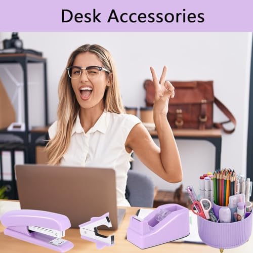 Office Supplies,Purple Desk Accessories,Office Supplies Set,Desk Organizer,Stapler,Tape Dispenser,Scissors,Staple Remover,Binder Clips,Staples,Ballpoint Pen,Index Tabs with Ruler,Clear Tape.10pcs - Image 4