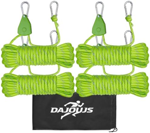 4Pack 4mm Reflective Guy Lines, Heavy‑Duty Tent Rope Tie Down Rope Line, Ultralight Camping Rope with Ratchet Pulley & 2 Metal Buckles, Aluminum Adjuster for Tarp Canopy Kayak Outdoor Camping, 13ft by DAJOUJS