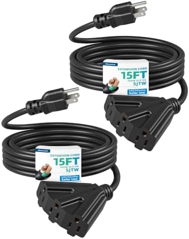 DEWENWILS 2 Pack 15FT Black Tri-Tap Outdoor Extension Cord 16/3, ETL Listed by DEWENWILS