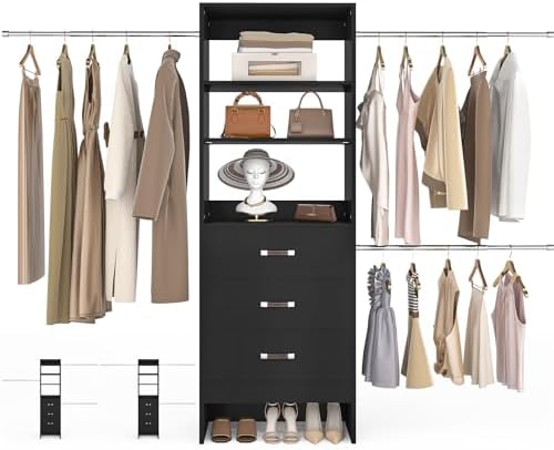 Besiost 96'' Closet Organizer System with 3 Hanging Rods, 8FT Closet Organizers and Storage with 3 Wooden Drawers, Built in Closet Organizer Systems, Adjustable Walk-in Wardrobe from 5-8FT, Black by Besiost