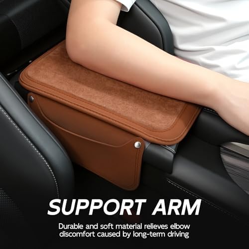 SINGARO Car Leather Center Console Cover with 2 Storage Bags, Universal Furry Fluffy Car Armrest Seat Box Pad, Comfortable Car Interior Accessories, Fits for Most Vehicles (Orange) - Image 2