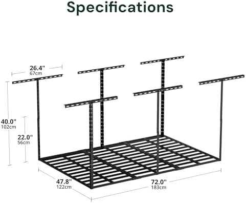 SunsGrove 4x6 Garage Storage Overhead Rack Organization, Adjustable Ceiling Mounted Storage Racks, 800LBS Weight Capacity, 22"-40" Ceiling Dropdown, 2 Pcs, Hammertone Black - Image 3