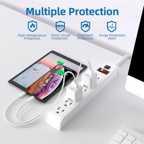 TiFFCOFiO Surge Protector Power Strip, 8 Feet Extension Cord, 600 Joules Surge Protection, Multiple Protection 6 Outlet Strip, 14 AWG Cord, 15A/1875W, ETL Listed - Image 3