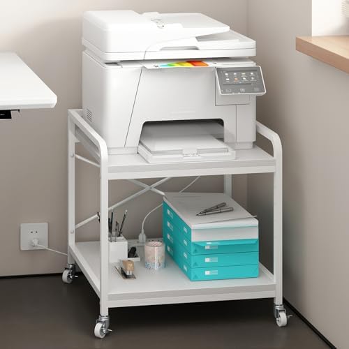 METYERRY Under Desk Printer Stand with Power Outlet, Adjustable Shelf,White - Image 2