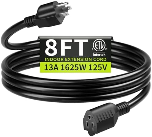 16/3 Black Extension Cord 8 FT Indoor, Short Extension Cord by Seeklyze