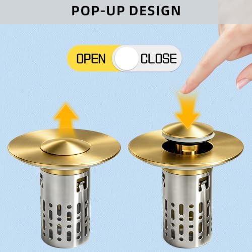 3 in 1 Bathroom Sink Drain Strainer, Universal Pop Up Bathroom Sink Stopper with Removable Hair Catcher Anti-Clog Filter Basket Brass & Stainless Steel Brushed Gold 2 PCS - Image 2