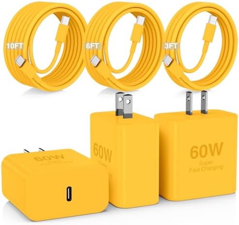 60W USB C Quick Wall Charger Block for Galaxy S26 Android Phones, 3Pack Super Fast Charger Adapter with Bulk 3/6/10FT Long USB C Charging Cable Cords for Samsung Galaxy S26+/S25/S24/S23 Ultra by Hzevn