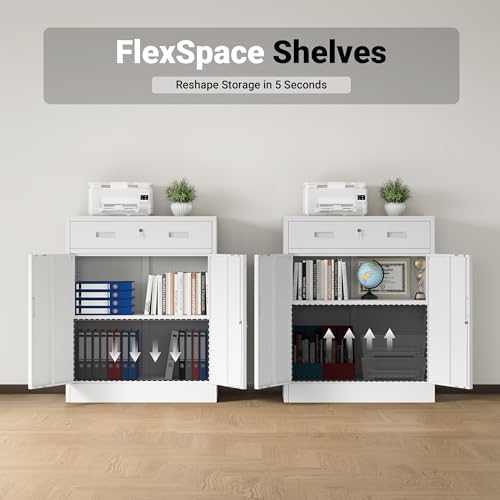 CJF Metal Storage Cabinet, Locking Storage Cabinet with 1 Drawer and Adjustable Shelf, 36" H x 28" W x 16" D White Metal Cabinets for Office, Home, Garage - Image 5