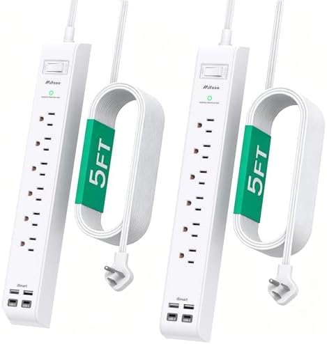 2 Pack Power Strip, Extension Cord 5FT, Surge Protector with 6 Outlets and 4 USB Ports (2 USB C), Flat Plug Overload Protection, Extension Cord with Multiple Outlets, Wall Mount for Home Dorm College by Mifaso