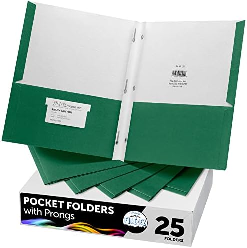 FILE-EZ Two-Pocket Folders with 3-Prong Fasteners, Green Color, 25-Pack, Durable Textured Paper, Matte Finish, Letter Sheet Size (EZ-92560) by FILE-EZ