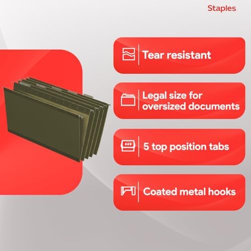 Staples Hanging File Folders, Legal Size, 1/5-Cut Tabs, Green, 50/Pack - Image 4