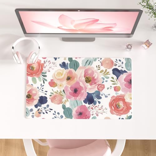 Faux Leather Large Mouse Pad, Office Desk Mat, 23.6"x13.8", Pink Floral by ColorfulStar