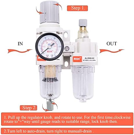 RIH Pneumatics 1/4“ NPT Compressed Air Filter Regulator Lubricator Combo Water/Oil Trap Separator - Gauge(0-150 psi), Auto Drain and Manuall-Drain,Poly Bowl,Bracket - 3 in 1 Two Unit - Image 5