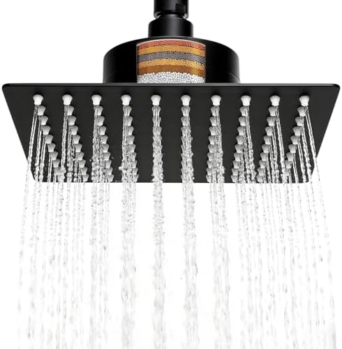 8 Inch Square Rain Shower Head with Filter for Hard Water — 304 Stainless Steel with 15-Stage Purification and High Pressure Spray, Matte Black by TENLO