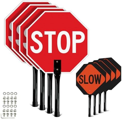 T&R (4 Pack) Stop Slow Sign with Handle, 13 x 13 Inches Double Sided Stop/Slow Traffic Sign, Rust Free Aluminum Reflective, Weather Resistant, Waterproof, Fade Resistant, Easy to Mount(Orange) by TR