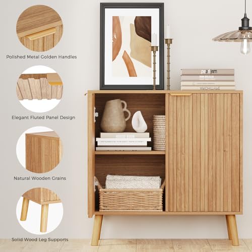 Fluted Storage Cabinet, Buffet Cabinet with Storage, Wood Sideboard with Adjustable Shelf, Modern Accent Cabinet & Console Table for Entryway, Living Room, Dining Room, Natural - Image 4