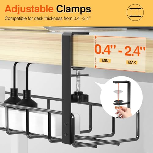 2 Pack Cable Management Under Desk Tray, 31.4" No Drill Under Desk Wire Management with Upgraded Clamp, Metal Cord Organizers for Desk with Cable Organizers, PC Cable Management Rack, Black - Image 6