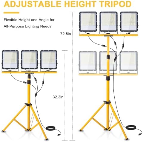 50000Lumen LED Work Lights with Stand - 3 Head Portable Work Light with IP65 Waterproof, Adjustable Stand, 16ft Cord for Construction Sites, Garage, Warehouse Lighting - Indoor Outdoor - Image 2