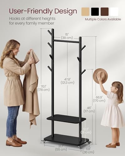 VASAGLE Freestanding Coat Rack with Wheels, 7 Wooden Hooks, 2 Shelves - Image 6