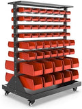 Metal Bin Storage Rack on Wheels, Dual Sided Steel Parts Organizer, 104 Bins for Nut Bolt Hardware, Heavy Duty Double Sides Shelf for Auto Repair Shop Garage Warehouse Workshop, 35.4" x 23.6" x 47.4" by JZD