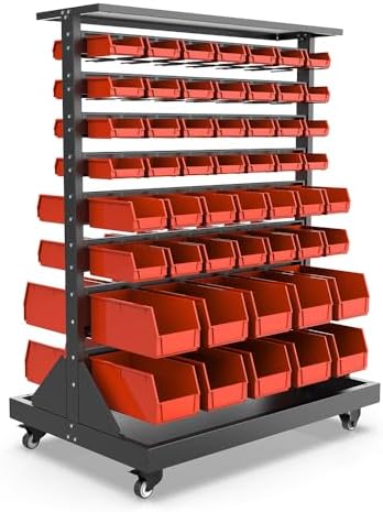 Metal Bin Storage Rack on Wheels, Dual Sided Steel Parts Organizer, 104 Bins for Nut Bolt Hardware, Heavy Duty Double Sides Shelf for Auto Repair Shop Garage Warehouse Workshop, 35.4" x 23.6" x 47.4" by JZD