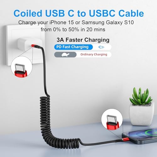 USB C to USB C Cable 6ft, 2Pack Coiled USBC Charger Cable for CarPlay - Image 2