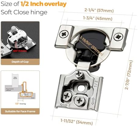 Soft Close Hinges for Kitchen Cabinet Hinges, 1/2 Inch Overlay, 60 Pack - Image 3