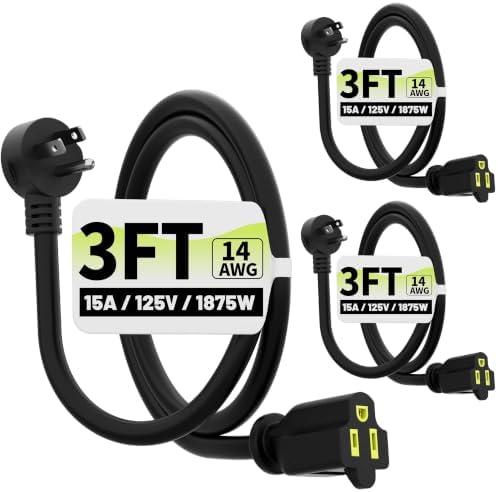 Vockjour 3 FT 3 Pack 14 Gauge Low Profile Flat Plug Extension Cord Black by Vockjour